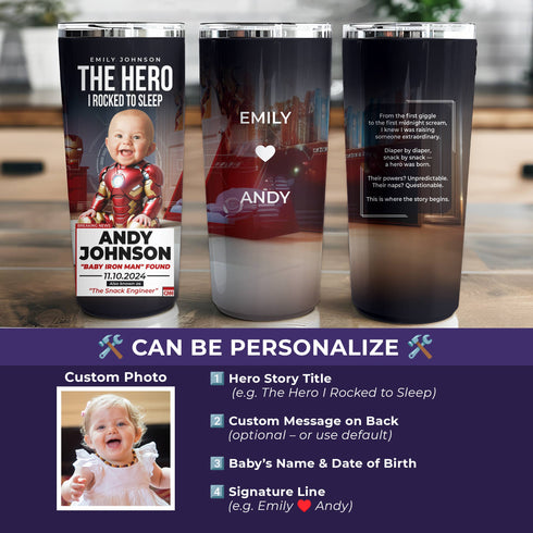 Personalized Baby Iron Man Tumbler – Custom Superhero Gift for Mom | The Hero I Rocked to Sleep